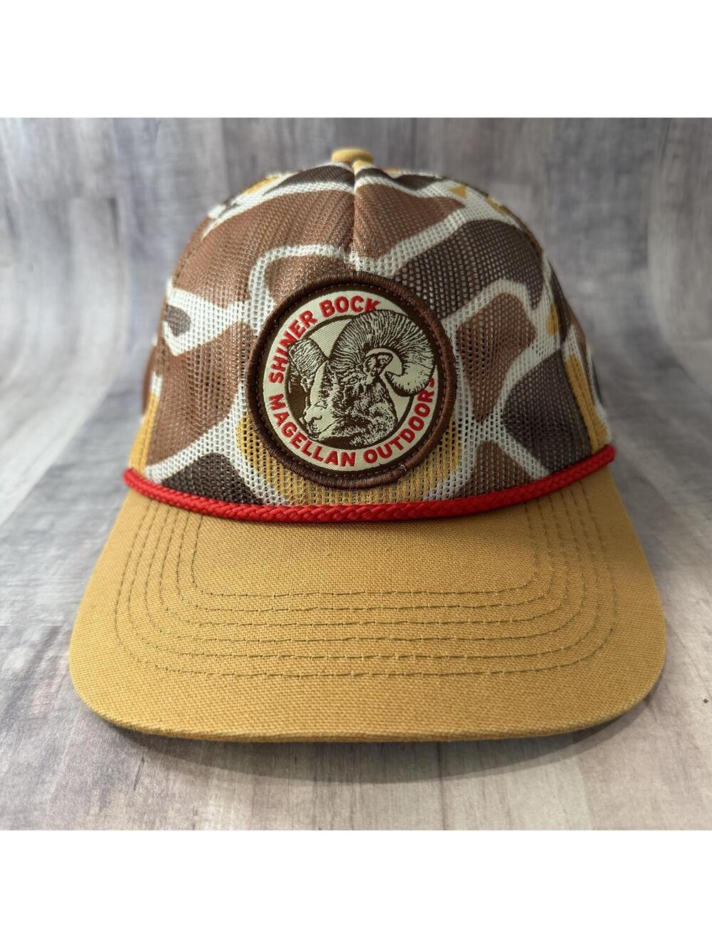 Magellan Outdoors Shiner Bock Hat Brown Camo Mesh Red Rope Snapback Cap